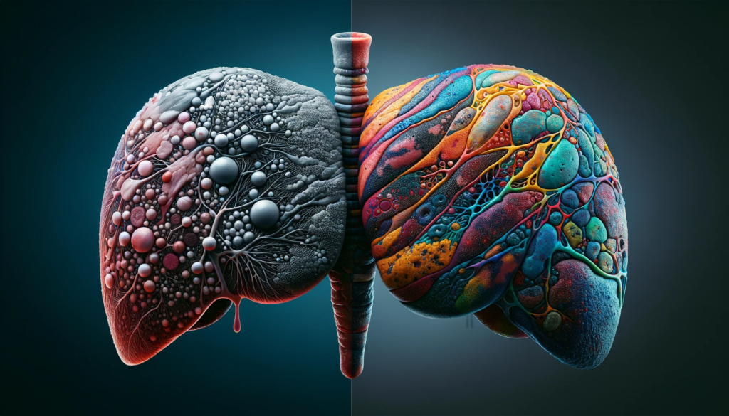 a split-screen image of two livers, one with characteristic signs of drug-induced damage and the other with features of lupus-induced liver injury.