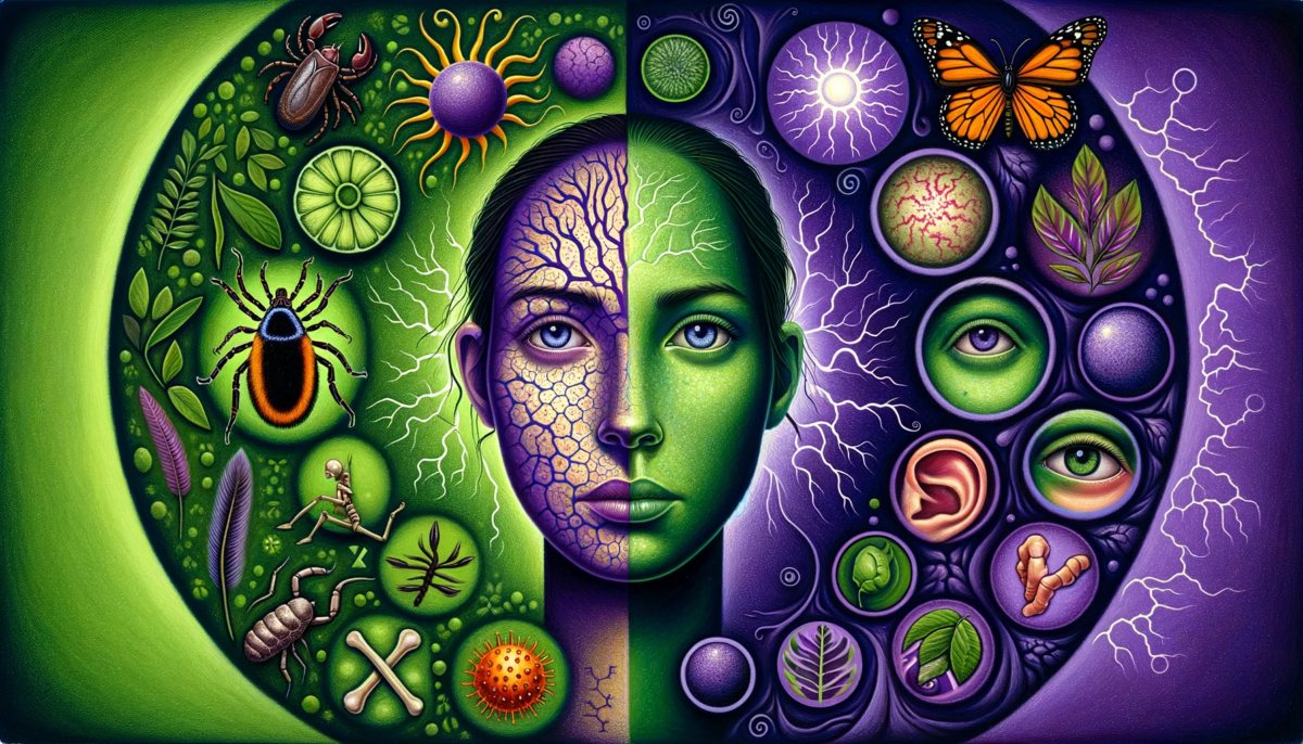 the contrast between the symptoms of Lyme disease and Lupus, with each condition represented through distinct visual cues and colors.