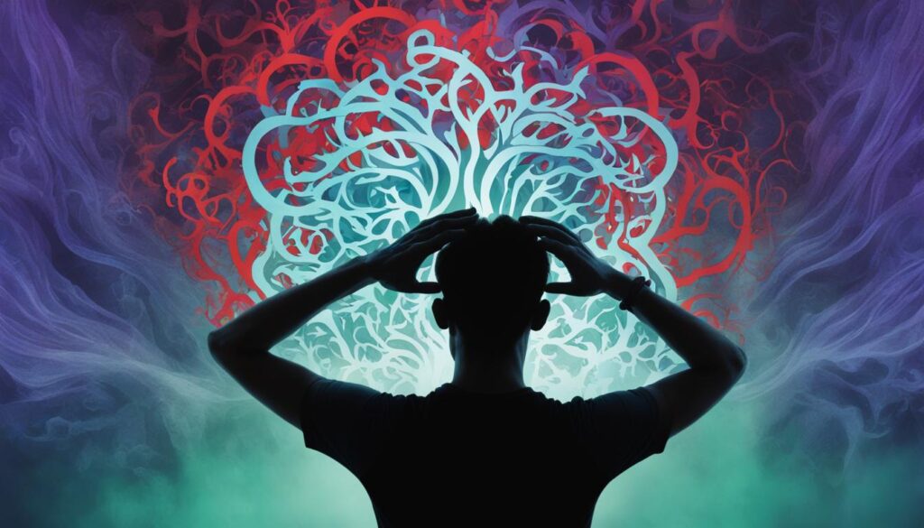 A brain with purple and red swirls, surrounded by a hazy fog of blue and green. A silhouette of a person with their hands on their head in frustration can be seen in the foreground. In the background, a ghostly lupus wolf looms over the scene.