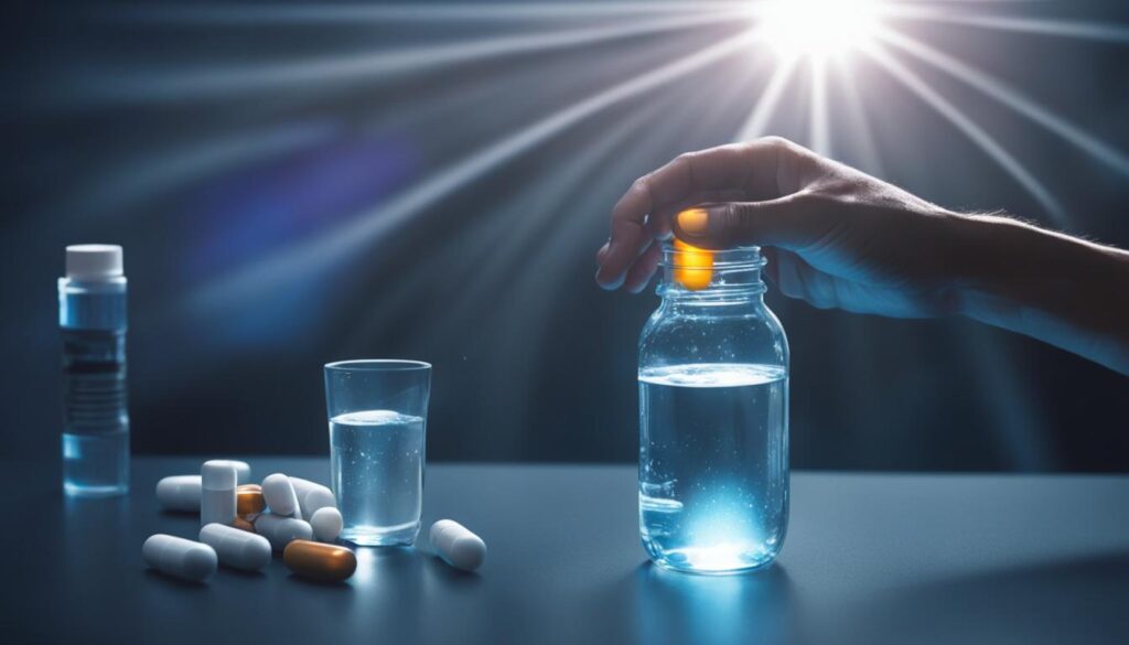 A hand holding a pill bottle and a glass of water, with rays of light in the background symbolizing hope and relief in the treatment and management of lupus.