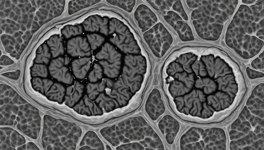 An MRI image of a brain lesion with a focus on the affected area in the case study of neuropsychiatric lupus. 