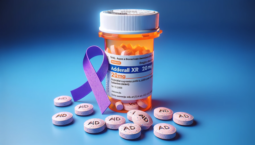 An orange pill bottle with a white cap that reads "Adderall XR 20mg". The pills have a speckled appearance with the letters "AD" imprinted on them. There is a purple lupus awareness ribbon wrapped around the bottle.