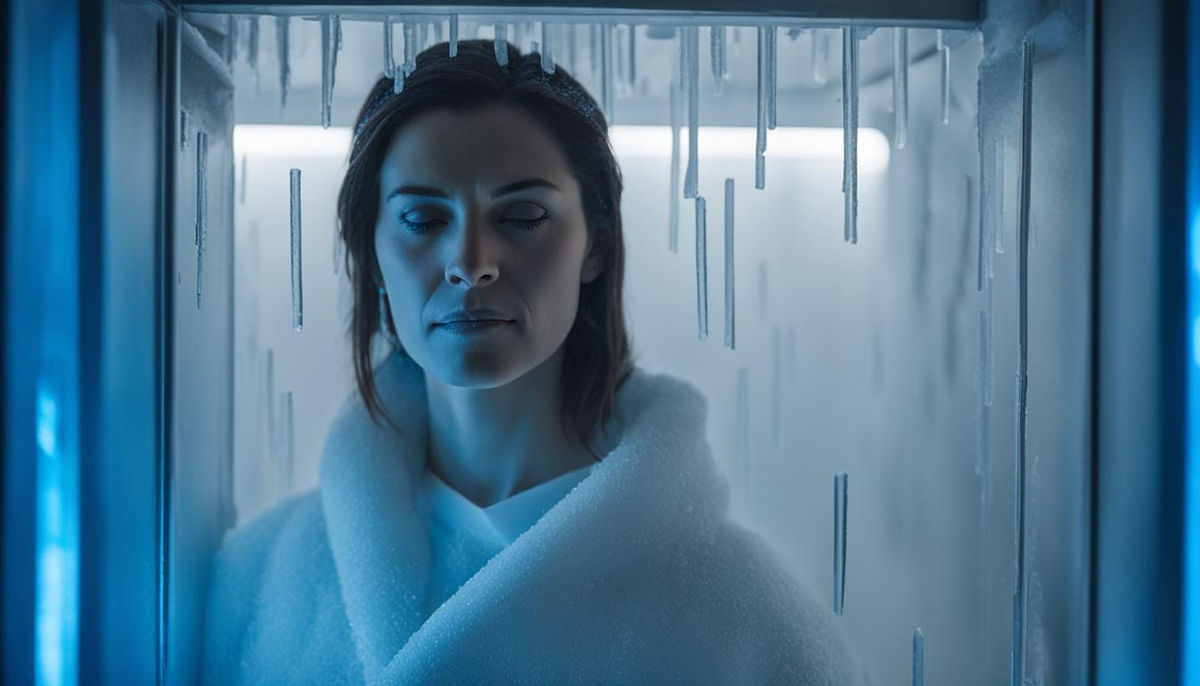 A person with Lupus standing in a cryotherapy chamber with frost forming around them. The person has a calm expression and appears to be experiencing relief from their symptoms. The chamber is filled with a subtle blue light and there are small icicles forming on the walls.