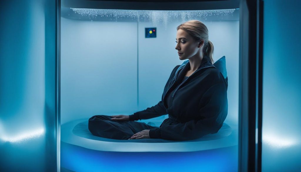 A woman sitting in a cryotherapy chamber with a soothing blue light, surrounded by icy mist. She looks calm and relaxed as she receives the treatment for her lupus.