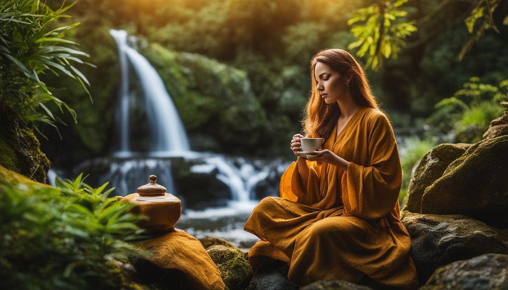 A serene nature scene with a waterfall in the background and a woman resting on a natural rock formation while holding a cup of herbal tea. Surrounding her are various plants known for their anti-inflammatory properties such as ginger, turmeric, and green tea leaves. The colors are warm and earthy, with the emphasis on natural tones.