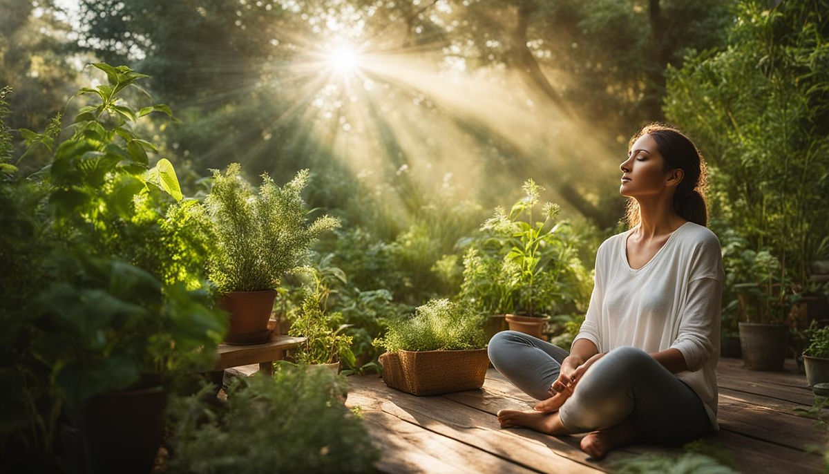 A woman sitting in a peaceful natural setting, surrounded by herbs and plants known for their pain-relieving properties. She appears relaxed and comfortable as she breathes in the fresh air and takes in the beauty of the plants around her. Rays of sunlight peek through the trees, adding to the calming atmosphere.