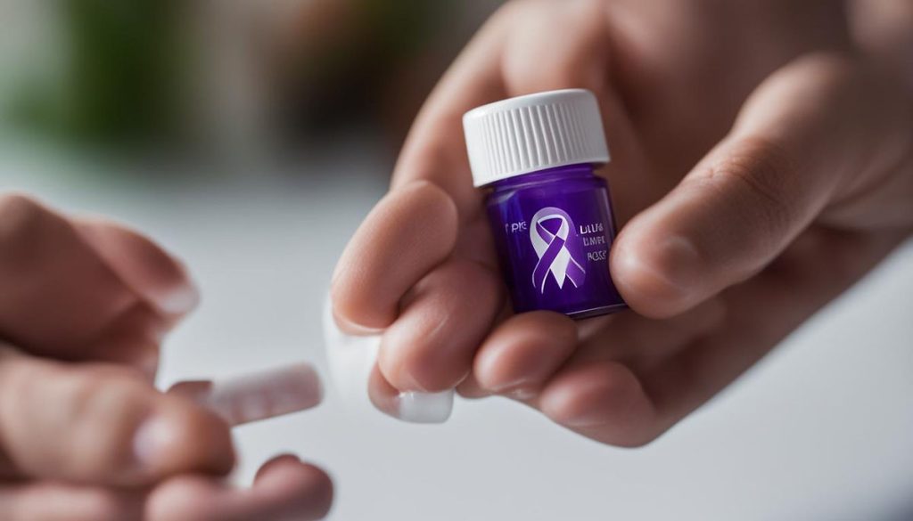 A close-up of a person's hand holding a pill bottle with a lupus awareness ribbon on it, and in the background, a faint silhouette of kidneys.