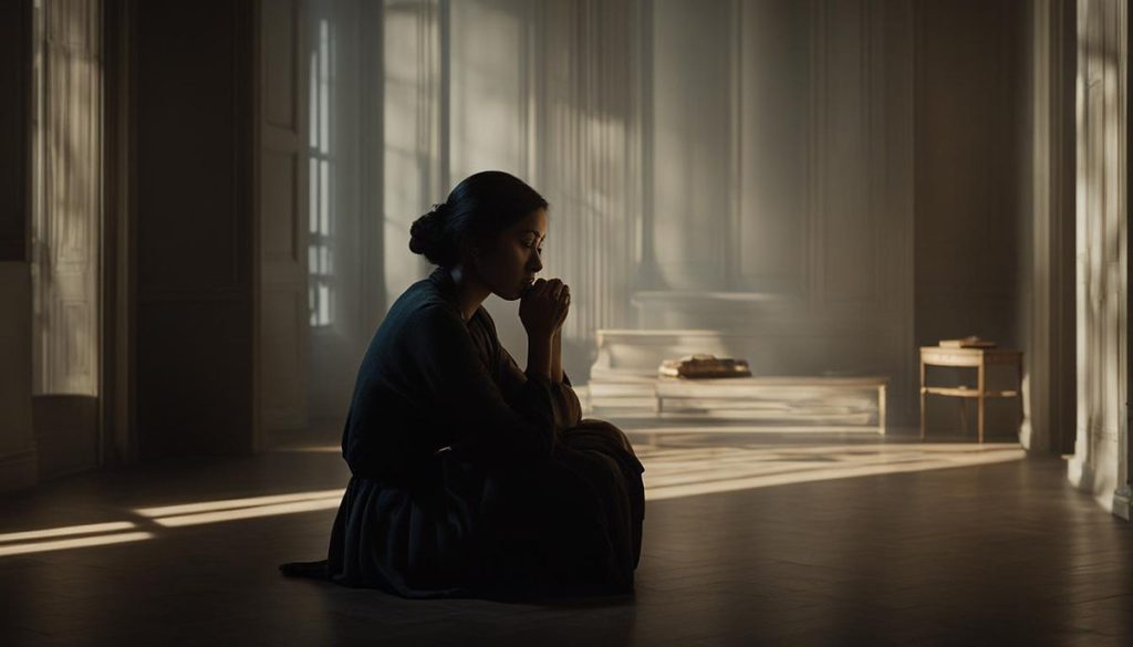 A solitary woman sitting in a dimly lit room, her head bowed and resting on her hand as if deep in contemplation.