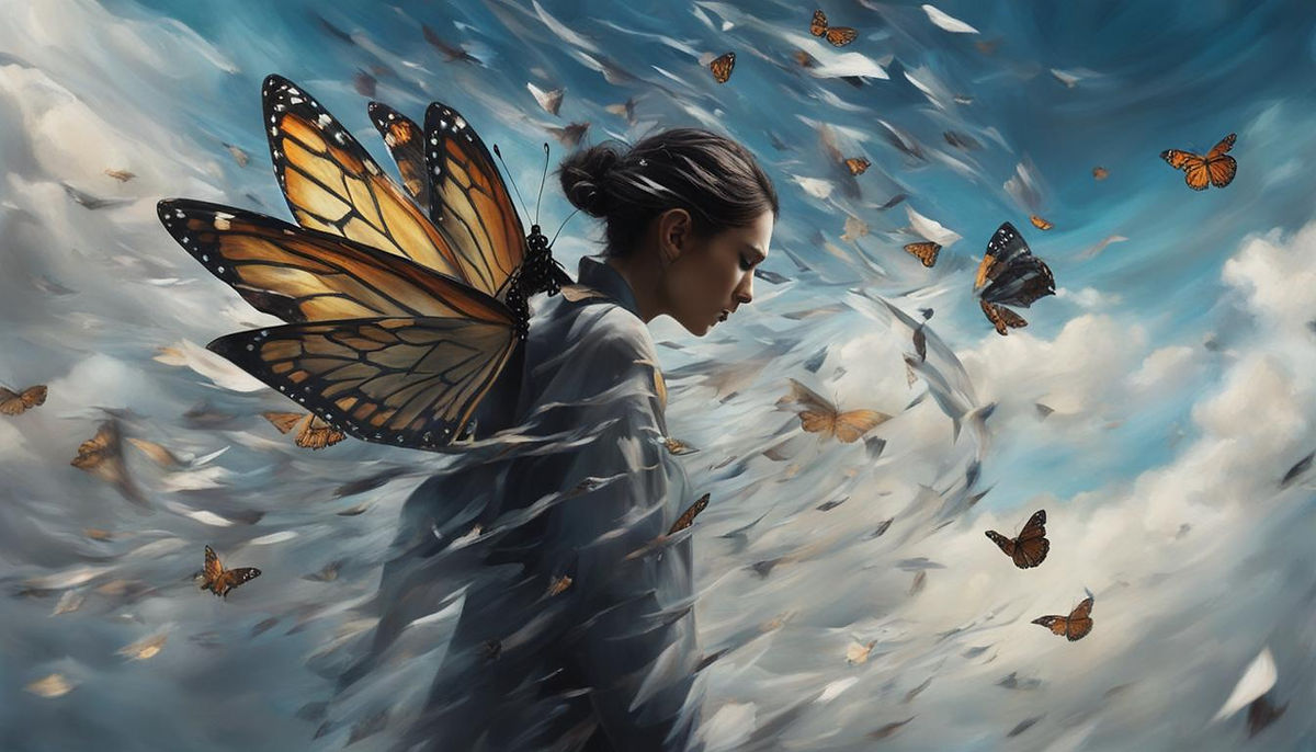An abstract representation of a person struggling to balance the weight of a heavy lupus butterfly on their shoulders, while surrounded by swirling clouds of confusion and frustration.