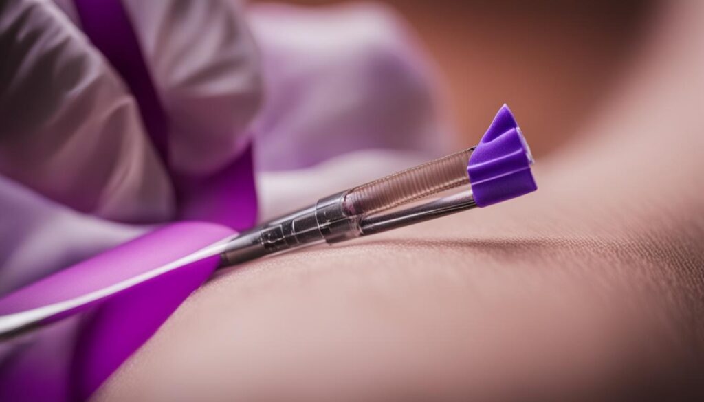 A close up of a needle with a lupus awareness ribbon on top