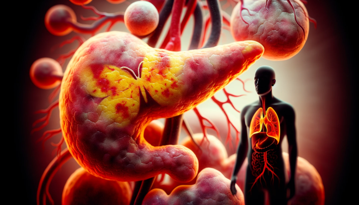 A close-up view of the pancreas with a subtle lupus butterfly rash in the background. The pancreas appears inflamed and distorted, with red and yellow hues dominating the image. A shadowy figure looms in the background, hinting at the sinister nature of this disease.