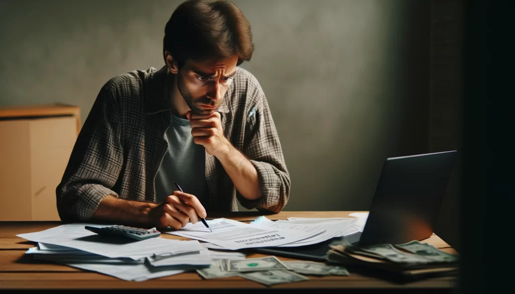 A person in their mid-30s sitting at a desk, looking through medical records and paperwork. They have a concerned look on their face as they fill out an application for Lupus disability benefits. On the desk, there are various medical bills, a laptop, and a pen. The background is muted and neutral-toned.