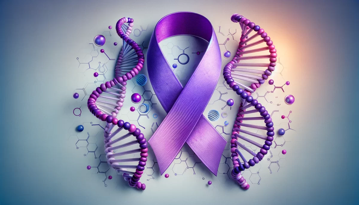A purple lupus ribbon with a dna helix