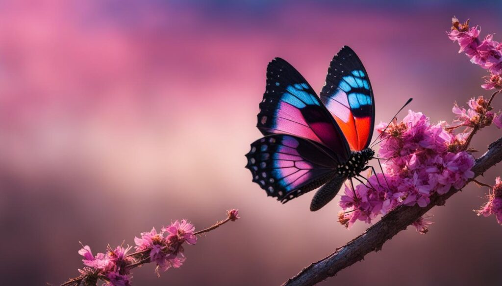 A vibrant butterfly with a torn wing lying a tree branch