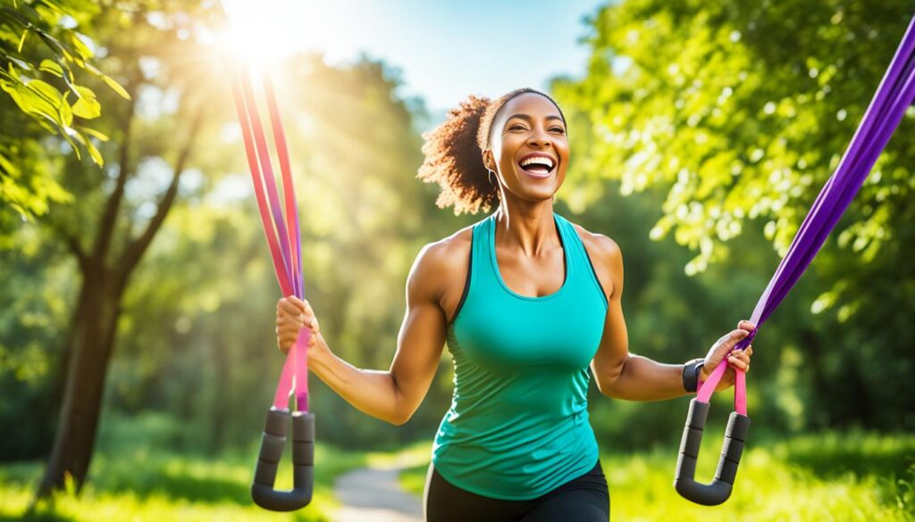 A person with lupus exercising outdoors in nature, surrounded by vibrant colors and sunlight. The person has a happy and energetic expression, conveying the positive impact of exercise on their physical and mental well-being. The scene features a variety of exercise equipment, such as resistance bands and weights, indicating the range of exercises that can be done with lupus. The overall tone is uplifting and motivational, encouraging others with lupus to incorporate exercise into their daily routine for a healthier lifestyle.