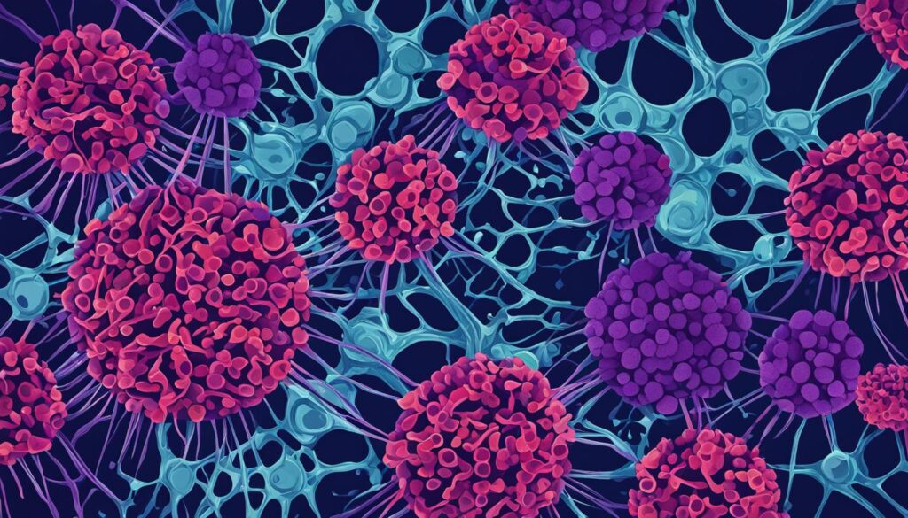 An abstract picture of lupus cells and cancer cells in the body. 