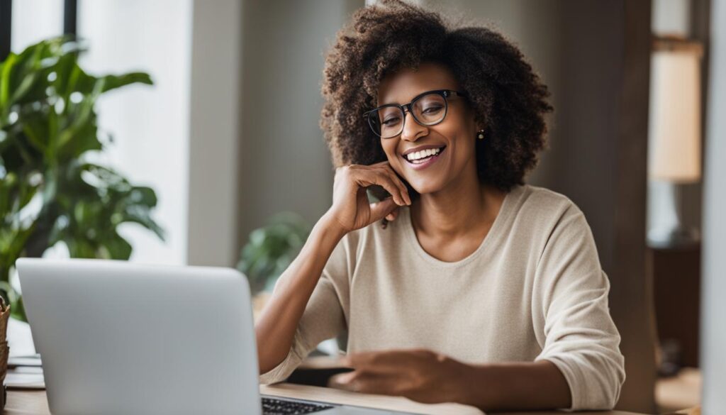 "An individual with Lupus sitting in front of a computer, looking relieved and happy while checking their Social Security Disability Benefit status online."