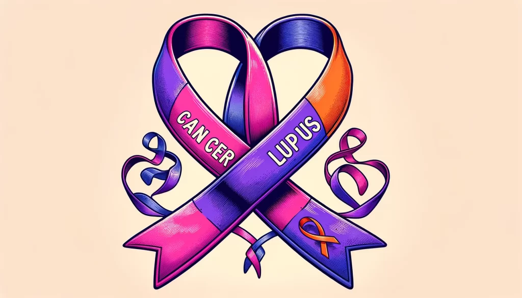 A cancer ribbon and a lupus ribbon are interconnected. 