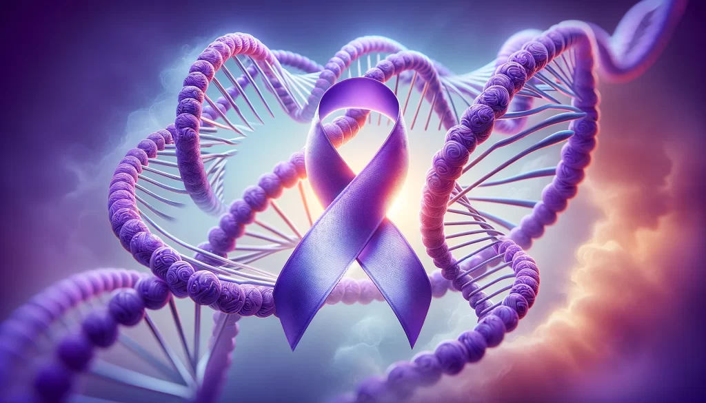 A purple lupus ribbon intertwined with a DNA helix 