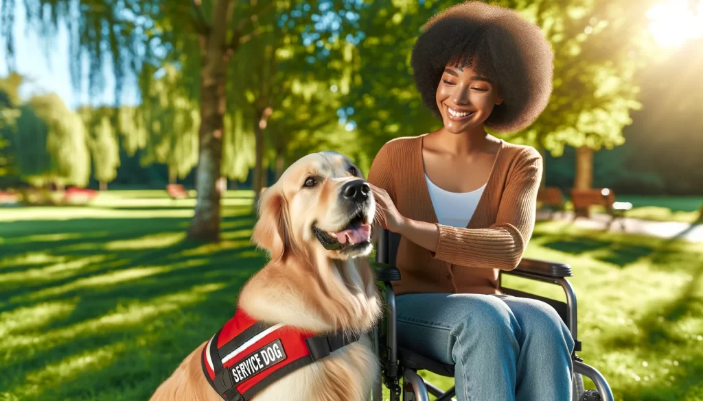 Service dog in the park sitting with a woman who has lupus