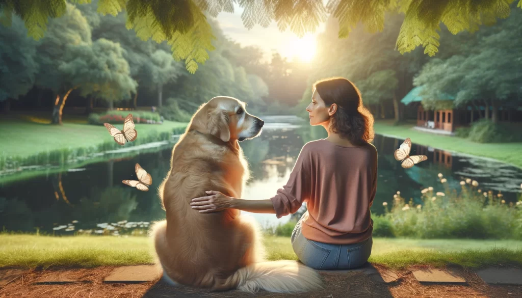 Woman with lupus sitting next to service dog by a pond