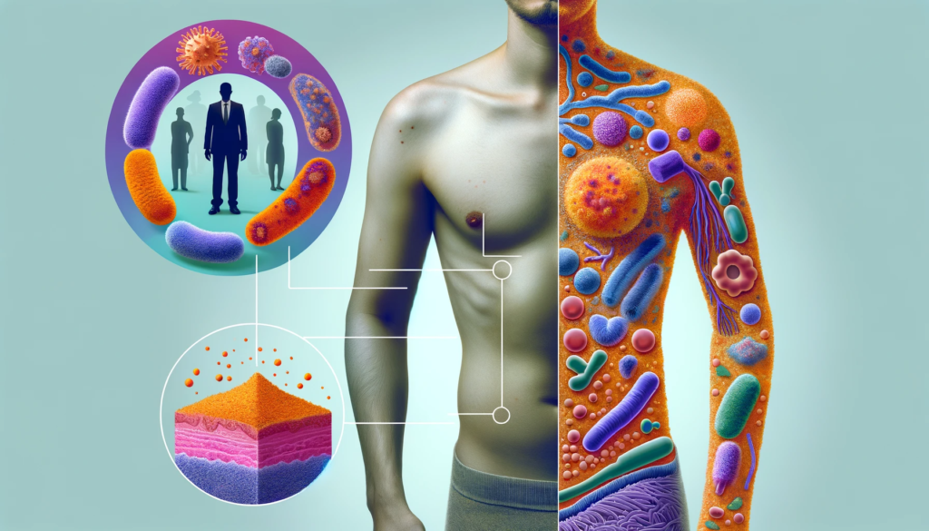Visualization of the relationship between Lupus and the skin microbiome. The image shows the balance between healthy and harmful bacteria on the skin. 
