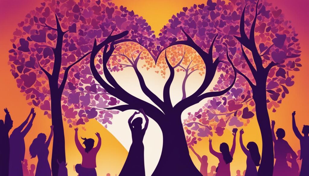 A silhouette of a person with Lupus, surrounded by a community of people who are supporting them.