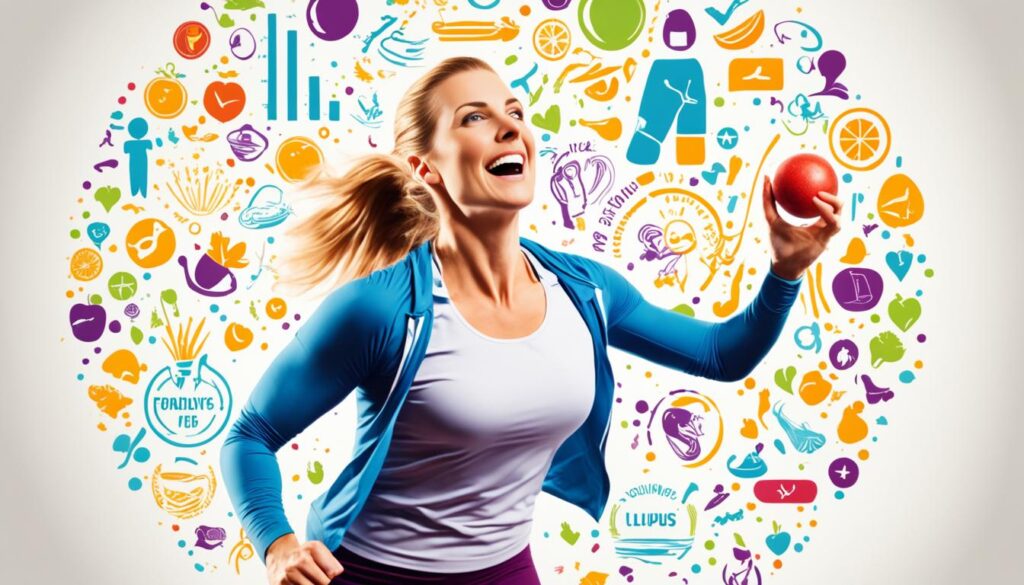 a person with Lupus engaging in physical activity to manage weight, with symbols representing healthy food options surrounding them.