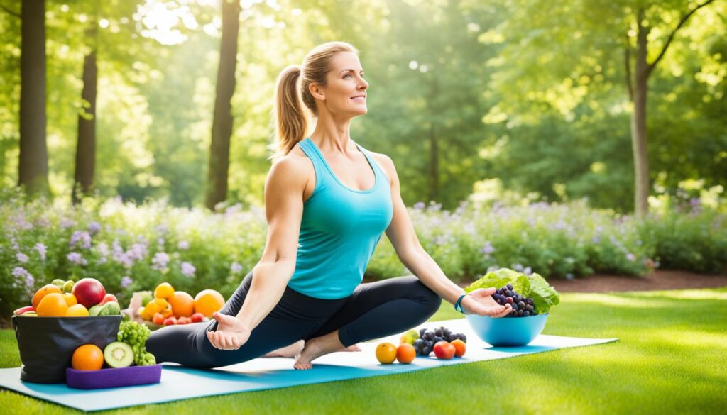 a woman with Lupus engaging in healthy activities to manage weight gain, such as practicing yoga, eating a nutritious diet, and going for a walk outside.