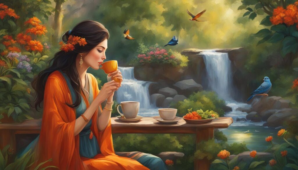 A woman in a peaceful garden, surrounded by plants and herbs known to reduce inflammation. She has a calm expression on her face as she sips on a cup of herbal tea. In the background, there is a waterfall flowing gently and birds chirping. The colors are warm and inviting, reflecting the soothing nature of the scene.