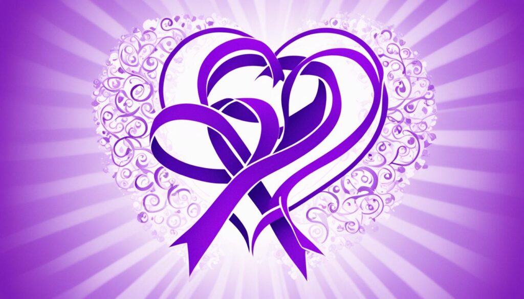 A purple ribbon entwined with a heart to symbolize Lupus care