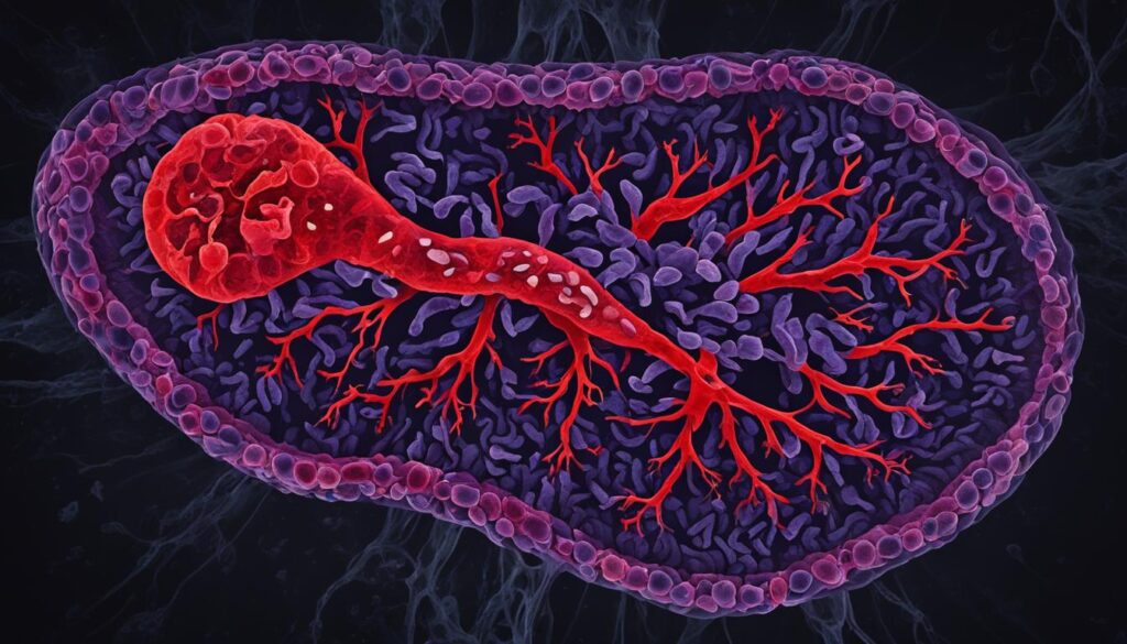 Image of a pancreas with lupus-like features, including inflammation and damage.