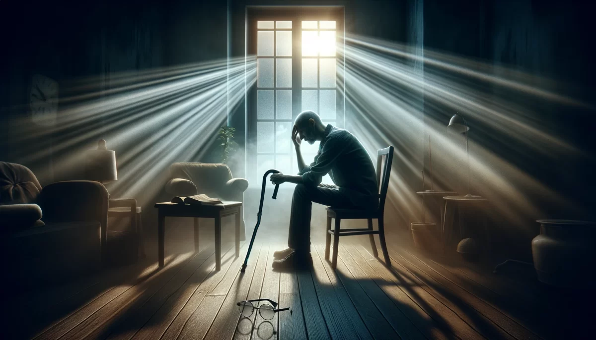 A person experiencing symptoms of multiple sclerosis in a dramatically lit room.