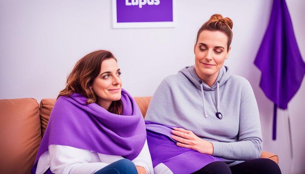 A person with their arm around a friend who is sitting on a couch. The person is holding a blanket and a steaming cup of tea, while the friend looks tired but grateful for the support.