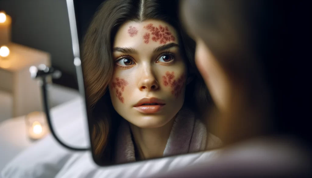 A woman looking into a mirror, her reflection revealing a butterfly rash on her face caused by lupus