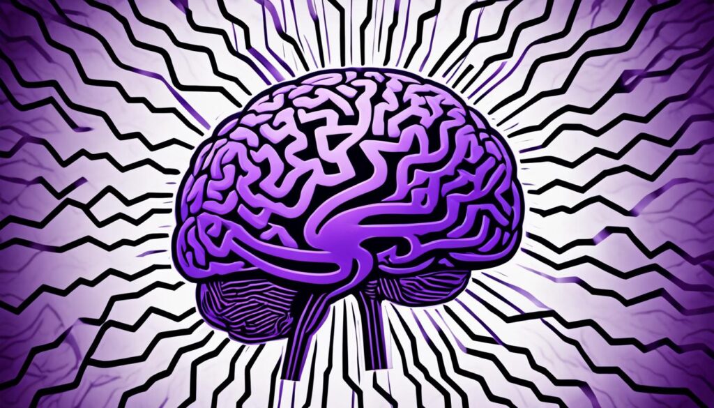 an image of a brain with a glowing orb in the center, surrounded by jagged lines of black and purple.
