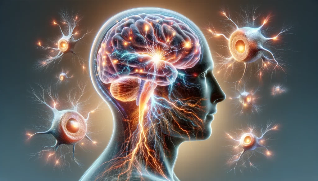 Types of Multiple Sclerosis - a human head revealing a detailed brain inside, illuminated with dynamic, firing electrical energy