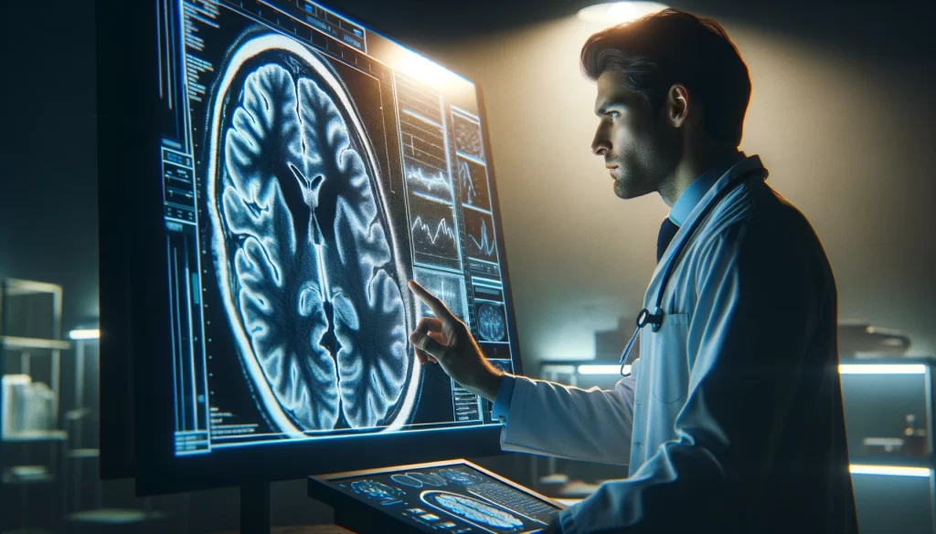 An image of a doctor looking at a brain scan of an MS patient.