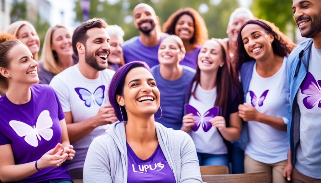 A person with Lupus sitting on a bench surrounded by a group of diverse friends and family, all offering support and understanding.