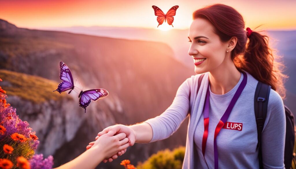 a person holding hands with someone with Lupus, standing on a cliff overlooking a beautiful sunset. 