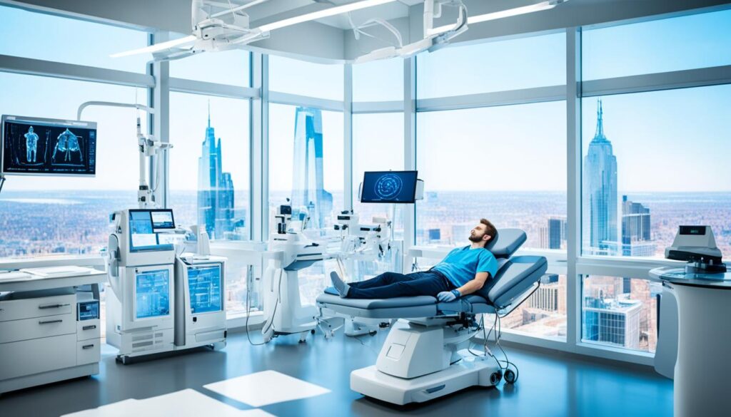 A futuristic laboratory filled with advanced medical equipment and cutting-edge technology. A patient with Multiple Sclerosis is undergoing a non-invasive treatment while doctors monitor the process on their screens. The room is bright, clean, and sterile, with floor-to-ceiling windows offering a stunning view of the city skyline. The patient appears relaxed and comfortable, indicating a successful and promising new treatment option for MS.