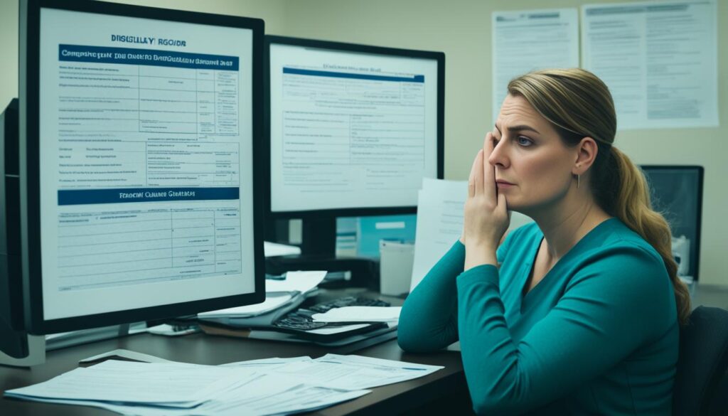 A person sitting at a desk, surrounded by paperwork and forms related to disability claims for MS. There is a stack of medical records on one side of the desk, and a computer monitor displaying the claim application on the other.