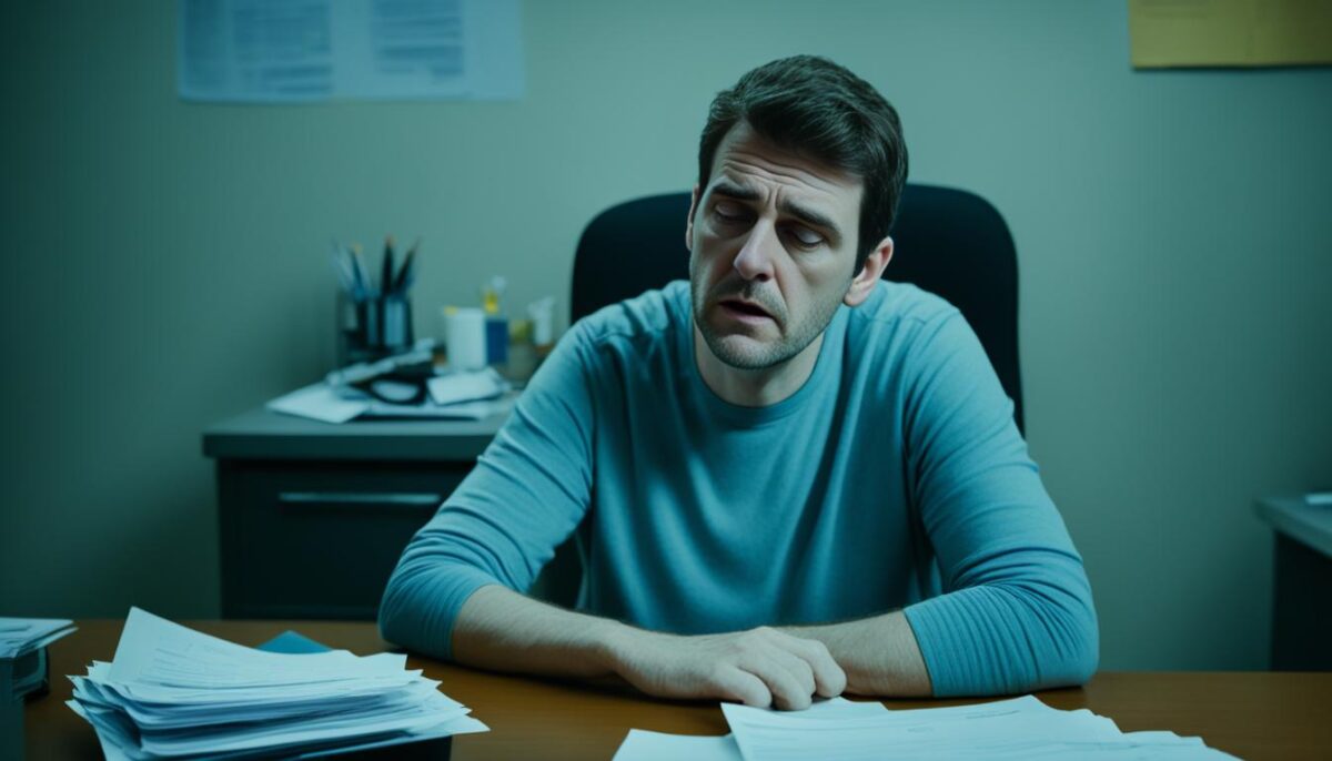 A person with multiple sclerosis sitting alone and looking worried at a desk cluttered with medical bills and paperwork.