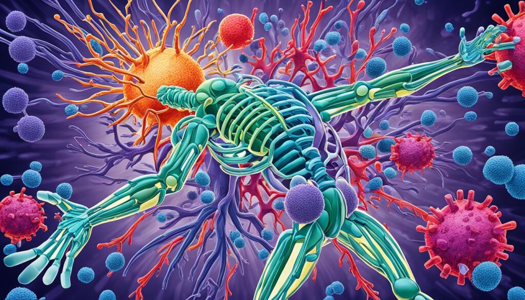 the complex mechanism of the immune system in relation to Lupus, highlighting the self-attacking and inflammatory reactions that occur due to the autoimmune nature of the disease